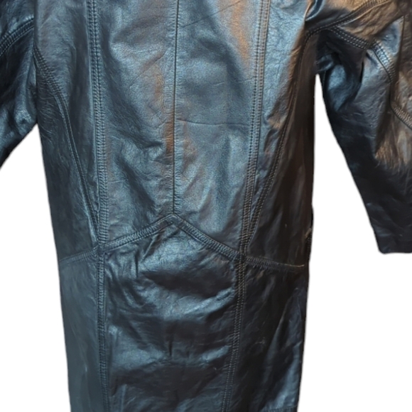 Vtg 80s Michelle Stuart black leather sleek witchy matrix maxi trenchcoat. Sz S - Picture 5 of 12
